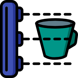 Icono estilizado que muestra una taza de café turquesa a la derecha y una lista o termómetro de nivel a la izquierda, ambos con líneas de guía punteadas alrededor.