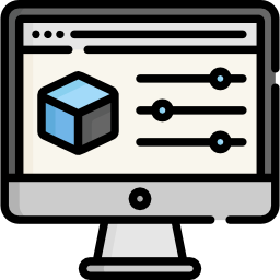 Ilustración de una interfaz de software de modelado 3D en un monitor de computadora, mostrando un cubo azul en 3D y paneles de control con ajustes deslizantes.