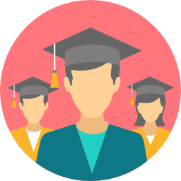 Icono circular con fondo coral que presenta a un grupo de graduados en toga y birrete, simbolizando la educación o formación en impresión 3D.