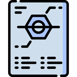Icono que simboliza el desarrollo de producto, con un diseño de plano técnico que incluye un gráfico central en forma de tuerca y texto e indicadores alrededor.