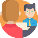 Ilustración de un encuentro profesional entre dos personas, con una de espaldas a la vista y la otra frente a una laptop, simbolizando una consulta o servicio de atención al cliente en el ámbito de la impresión 3D.