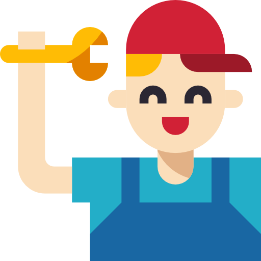 Ilustración de un personaje sonriente con una gorra roja sosteniendo una llave inglesa, representando un trabajador, técnico o reparador.