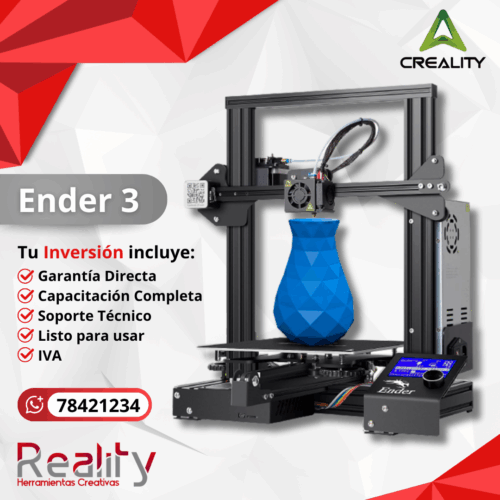 Impresora 3D Creality Ender 3 con jarrón azul en proceso de impresión