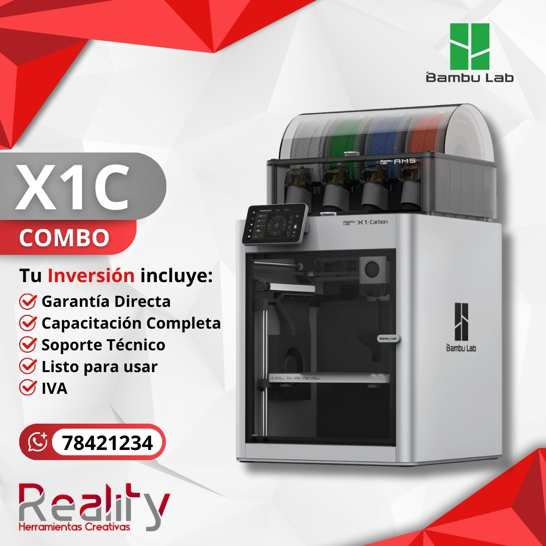 Impresora 3D Bambu Lab X1C Combo cerrada con sistema AMS de 4 filamentos y pantalla táctil, incluye garantía directa, capacitación y soporte técnico completo