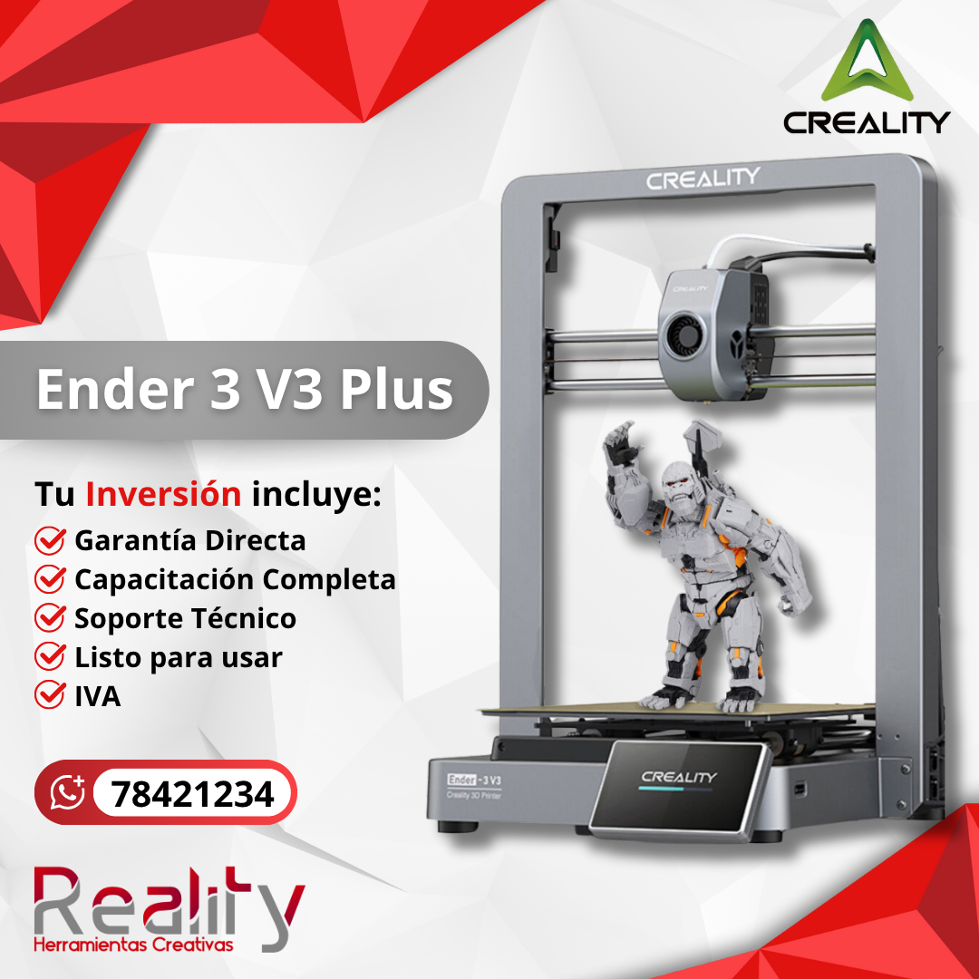 Impresora 3D Creality Ender 3 V3 Plus imprimiendo figura de robot astronauta, incluye garantía directa, capacitación y soporte técnico completo