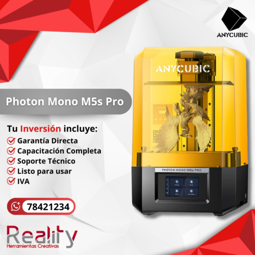 Impresora 3D ANYCUBIC Photon Mono M5s Pro de resina color amarillo imprimiendo figura, incluye garantía, capacitación y soporte técnico completo