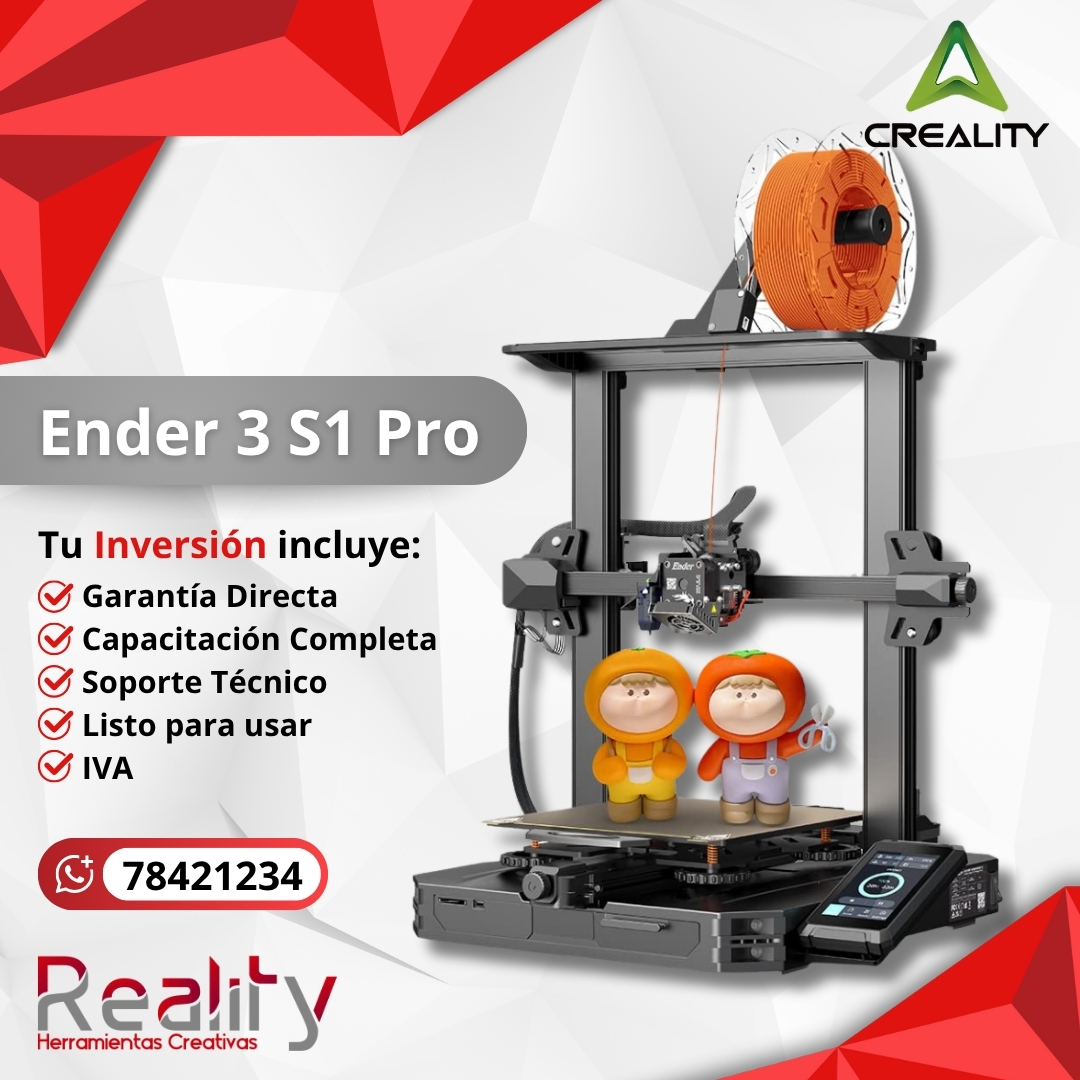 Impresora 3D Creality Ender 3 S1 Pro imprimiendo figuras con filamento naranja, incluye garantía directa, capacitación y soporte técnico completo