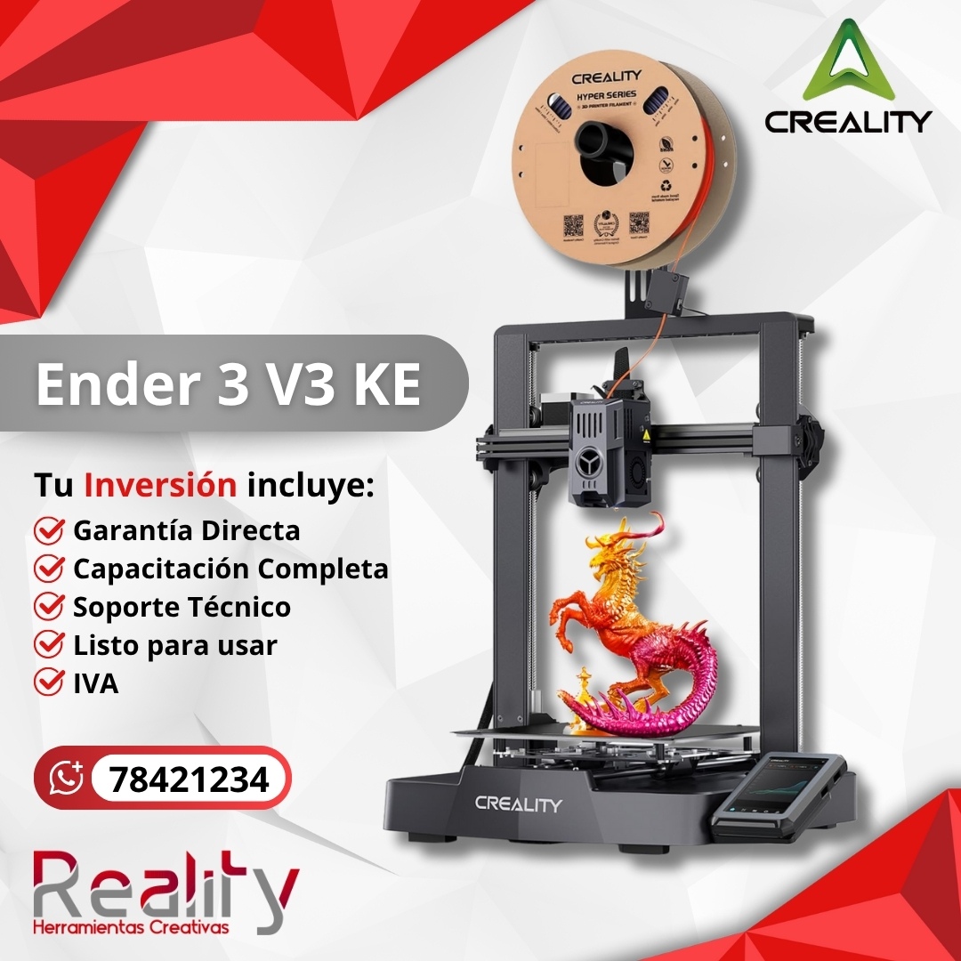 Impresora 3D Creality Ender 3 V3 KE imprimiendo dragón multicolor con filamento Hyper Series, incluye garantía directa, capacitación y soporte técnico completo