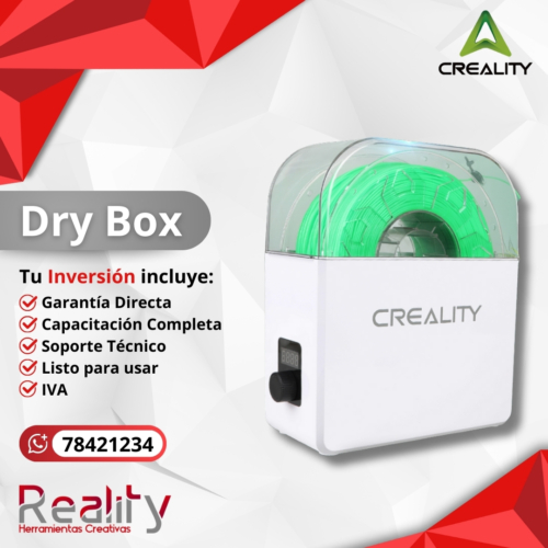 Caja secadora filamentos Creality Dry Box con cámara transparente y filamento verde PLA, incluye garantía directa, capacitación y soporte técnico completo