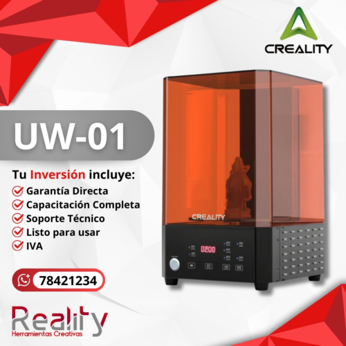 Estación lavado y curado Creality UW-01 con cámara UV naranja y panel de control digital, incluye garantía directa, capacitación y soporte técnico completo