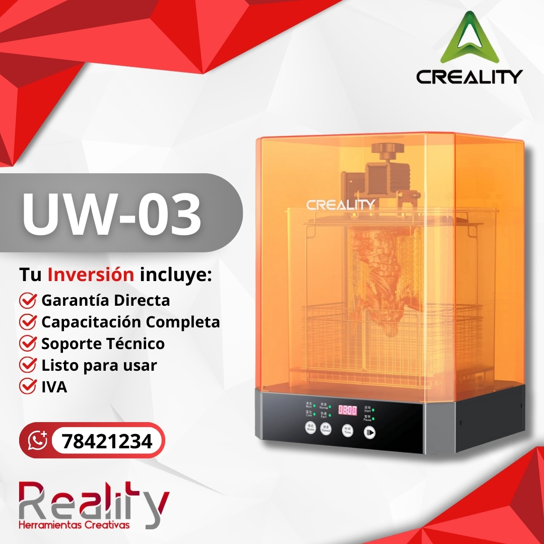 Estación lavado y curado Creality UW-03 máximo volumen con cámara UV amplia y panel digital avanzado, incluye garantía directa, capacitación y soporte técnico completo