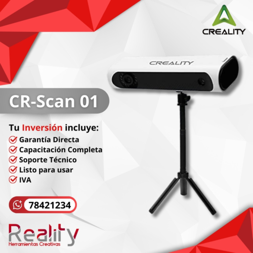 Escáner 3D Creality CR-Scan 01 con trípode ajustable y sistema de cámaras blanco, incluye garantía directa, capacitación y soporte técnico completo