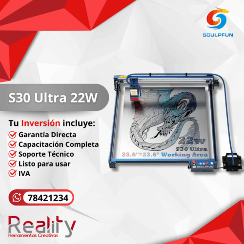 Máquina láser Sculpfun S30 Ultra 22W grabando dragón detallado con área trabajo 23.6x23.6 pulgadas y estructura azul profesional, incluye garantía directa, capacitación y soporte técnico completo