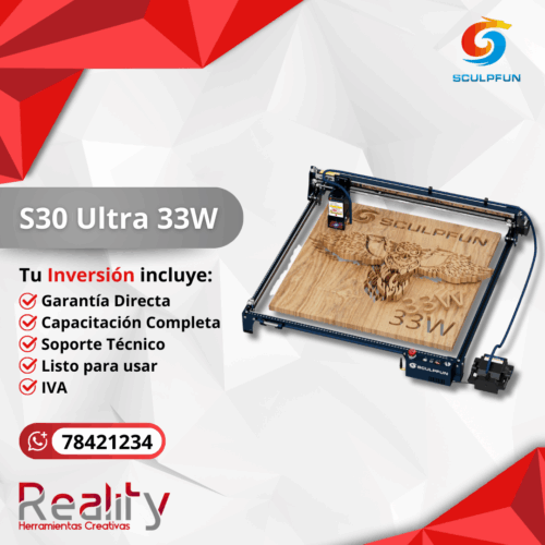 Máquina láser Sculpfun S30 Ultra 33W grabando logo águila detallado en madera con estructura azul industrial de máxima potencia, incluye garantía directa, capacitación y soporte técnico completo
