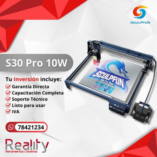 Máquina láser Sculpfun S30 Pro 10W grabando logo colorido con estructura azul y negra profesional, incluye garantía directa, capacitación y soporte técnico completo