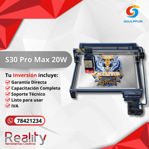 Máquina láser Sculpfun S30 Pro Max 20W grabando logo tigre con estructura azul industrial de máxima potencia, incluye garantía directa, capacitación y soporte técnico completo