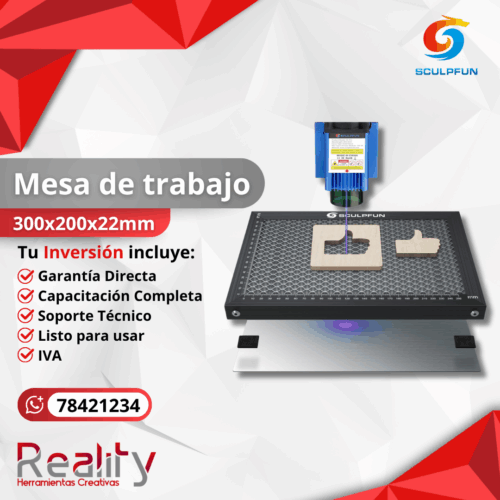 Mesa trabajo nido de abeja Sculpfun 300x200x22mm con láser cortando piezas madera y luz observable azul, incluye garantía directa, capacitación y soporte técnico completo